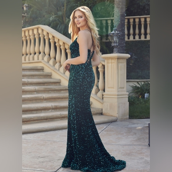 Black,pink,emerald, sequin long open back fitted gown - Picture 5 of 6